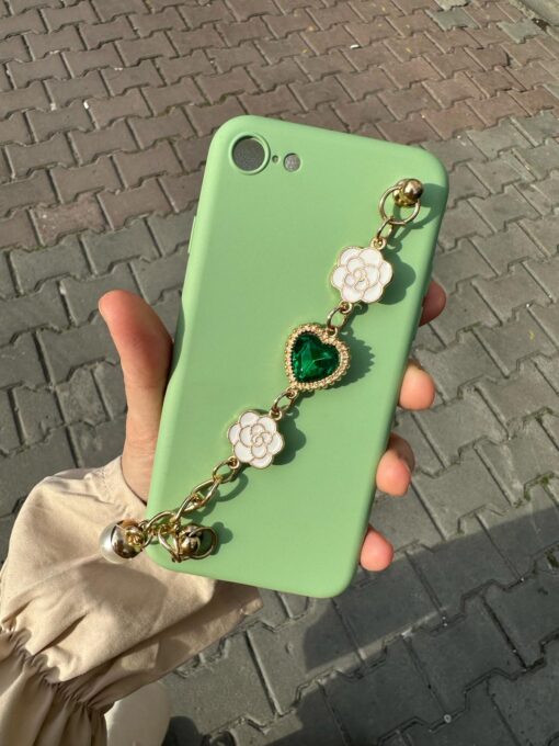 Açık Yeşil Renkli Bilek Geçmeli Zincirli Silikon Telefon Kılıfı