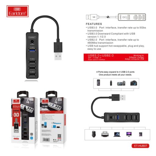 Earldom HUB07 Tak Çalıştır 3 Adet Usb 2.0 ve 1 Adet Usb 3.0 Çıkışlı Usb Çoklayıcı - Görsel 7