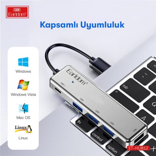 Earldom HUB12 Tak Çalıştır 40cm 4 Adet Usb 2.0 ve 1 Adet Type-C Çıkışlı Usb Çoklayıcı - Görsel 2