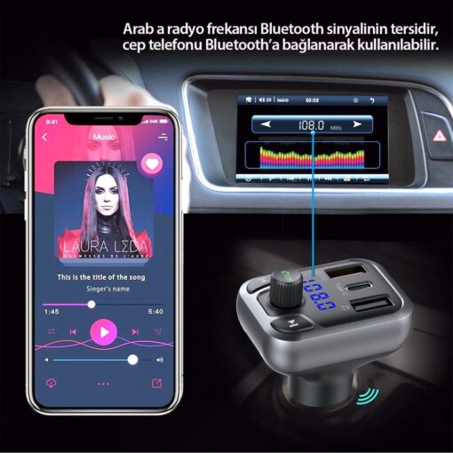 Earldom M63 Bluetooth USB3.0 ve Type C PD Hızlı Şarj FM Transmitter - Görsel 2