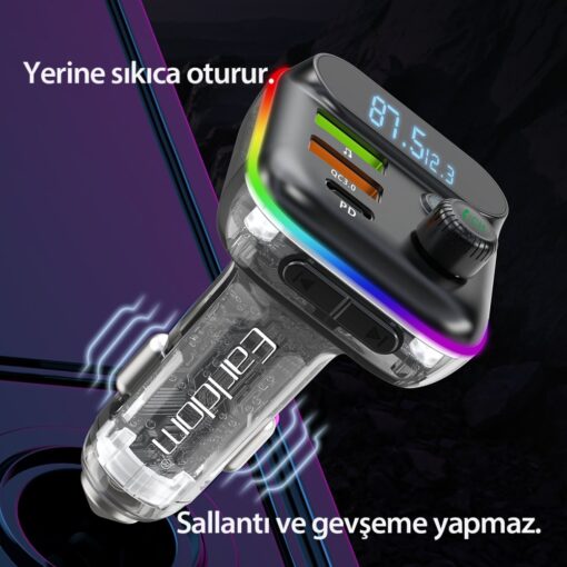 Earldom M80 Bluetooth USB3.0 ve Type C PD Hızlı Şarj FM Transmitter - Görsel 3