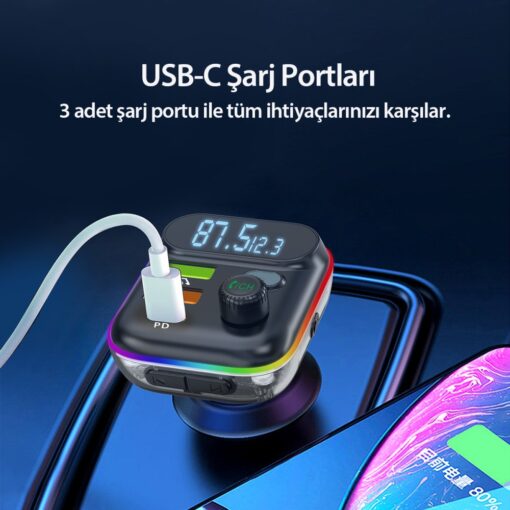 Earldom M80 Bluetooth USB3.0 ve Type C PD Hızlı Şarj FM Transmitter - Görsel 6