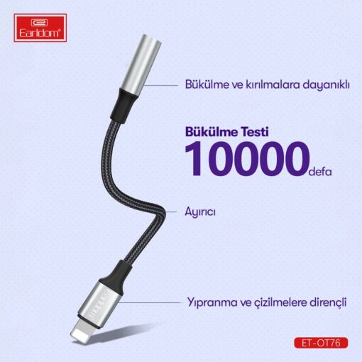 Earldom OT76 Tak Çalıştır 12cm Lightning to Aux Dönüştürücü - Görsel 4