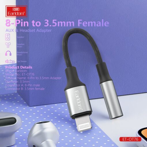 Earldom OT76 Tak Çalıştır 12cm Lightning to Aux Dönüştürücü - Görsel 6