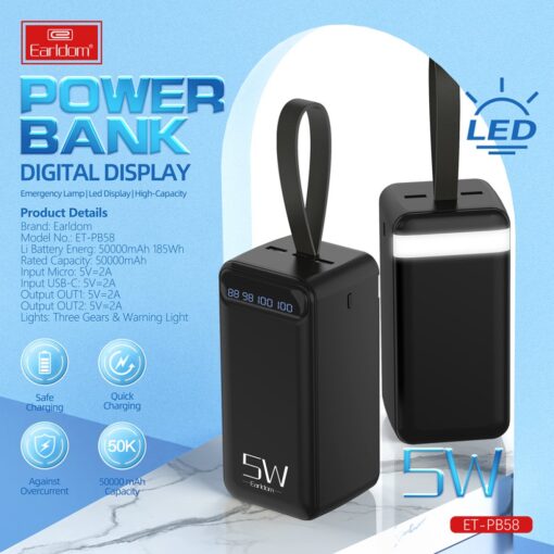 Earldom PB58 50.000 mAh PD Hızlı Şarj Dijital Göstergeli Powerbank - Görsel 6