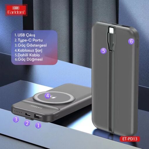 Earldom PD13 10.000 mAh Kablosuz Şarjlı PD Hızlı Şarj Powerbank - Görsel 4