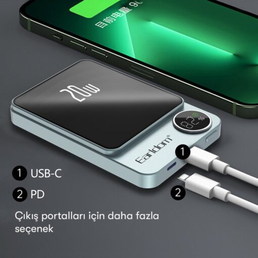 Earldom PD23 5.000 mAh 20W Kablosuz Şarjlı PD Hızlı Şarj Mini Powerbank - Görsel 9