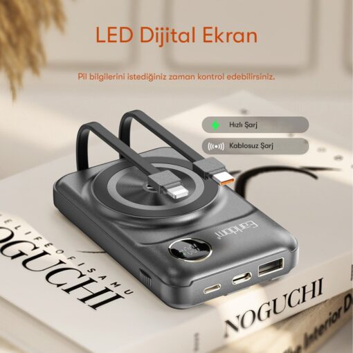 Earldom PD28 10.000 mAh 22.5W Kablosuz Şarjlı Dijital Göstergeli PD Hızlı Şarj Mini Powerbank - Görsel 4