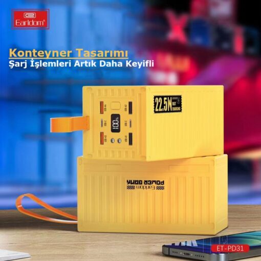 Earldom PD31 60.000 mAh 22.5W Konteyner Görünümlü Dijital Göstergeli PD Hızlı Şarj Powerbank - Görsel 7