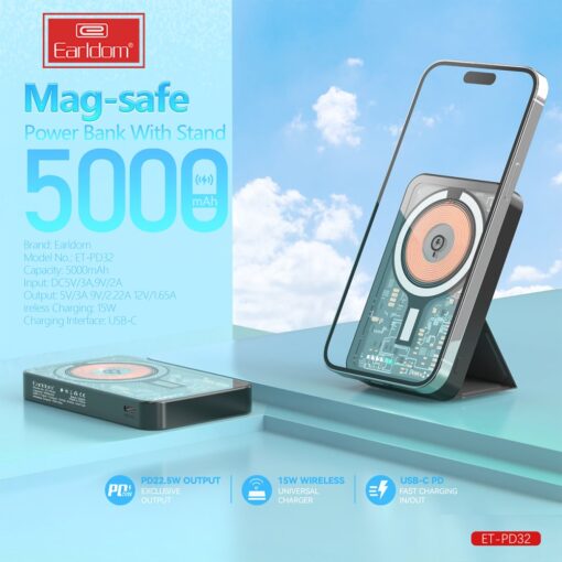 Earldom PD32 5.000 mAh 22.5W Kablosuz Şarjlı Standlı PD Hızlı Şarj Powerbank - Görsel 7
