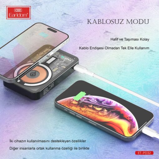 Earldom PD32 5.000 mAh 22.5W Kablosuz Şarjlı Standlı PD Hızlı Şarj Powerbank - Görsel 6