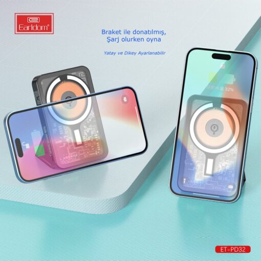 Earldom PD32 5.000 mAh 22.5W Kablosuz Şarjlı Standlı PD Hızlı Şarj Powerbank - Görsel 3