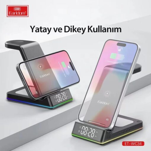 WC34 5in1 15W Dijital Saatli Magsafe Masaüstü Kablosuz Şarj Standı - Görsel 7