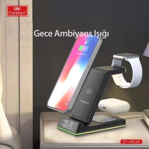WC34 5in1 15W Dijital Saatli Magsafe Masaüstü Kablosuz Şarj Standı - Görsel 9