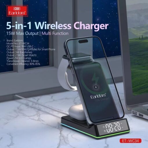 WC34 5in1 15W Dijital Saatli Magsafe Masaüstü Kablosuz Şarj Standı - Görsel 4