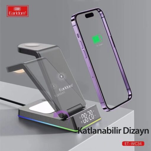 WC34 5in1 15W Dijital Saatli Magsafe Masaüstü Kablosuz Şarj Standı - Görsel 5