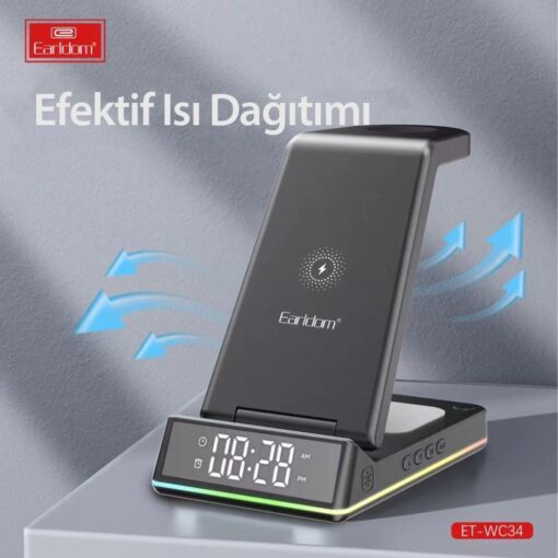 WC34 5in1 15W Dijital Saatli Magsafe Masaüstü Kablosuz Şarj Standı - Görsel 8
