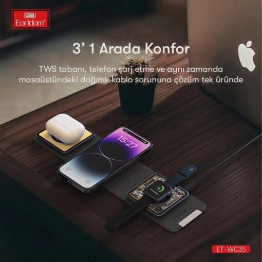 WC35 3in1 15W Magsafe Katlanabilir Masaüstü Kablosuz Şarj Standı - Görsel 2