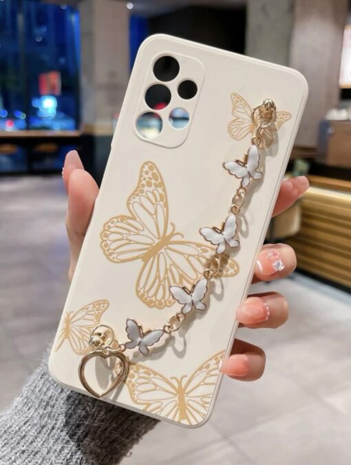 Beyaz Renkli Kelebek Desenli Bilek Geçmeli Zincirli Silikon Telefon Kılıfı