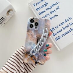Mermer Desen Baskılı Bilek Geçmeli Zincirli Silikon Telefon Kılıfı