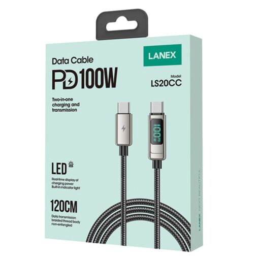 Lanex LS20CC 1.2M 100W Dijital Göstergeli Hasırlı Type-C to Type-C PD Hızlı Şarj Kablosu - Görsel 3