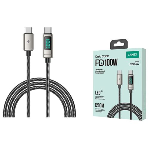 Lanex LS20CC 1.2M 100W Dijital Göstergeli Hasırlı Type-C to Type-C PD Hızlı Şarj Kablosu - Görsel 4
