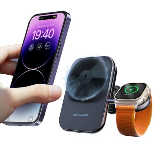 Newface S15 2in1 Izgara Klipsli 15W Telefon ve 5W Apple Watch Kablosuz Şarj Destekli Soğutucu Fanlı Manyetik Magsafe Araç Tutucu - Görsel 3