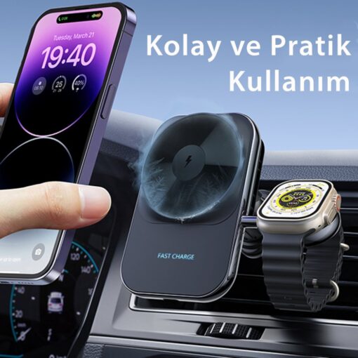 Newface S15 2in1 Izgara Klipsli 15W Telefon ve 5W Apple Watch Kablosuz Şarj Destekli Soğutucu Fanlı Manyetik Magsafe Araç Tutucu - Görsel 4