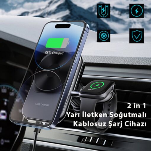 Newface S15 2in1 Izgara Klipsli 15W Telefon ve 5W Apple Watch Kablosuz Şarj Destekli Soğutucu Fanlı Manyetik Magsafe Araç Tutucu - Görsel 5