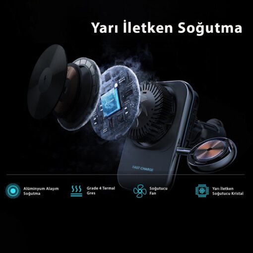 Newface S15 2in1 Izgara Klipsli 15W Telefon ve 5W Apple Watch Kablosuz Şarj Destekli Soğutucu Fanlı Manyetik Magsafe Araç Tutucu - Görsel 7