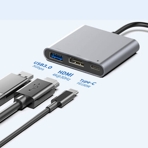 Type-C to Type-C PD100W + HDMI 4K@30Hz + USB3.0 Bağlantı Özellikli 3in1 Hub - Görsel 6