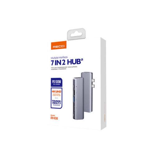 Recci RH08 Type-C to Type-C + SD/TF + USB3.0 + USB2.0 + HDMI + Thunderbolt 3 Bağlantılı 7in2 Huba - Görsel 4