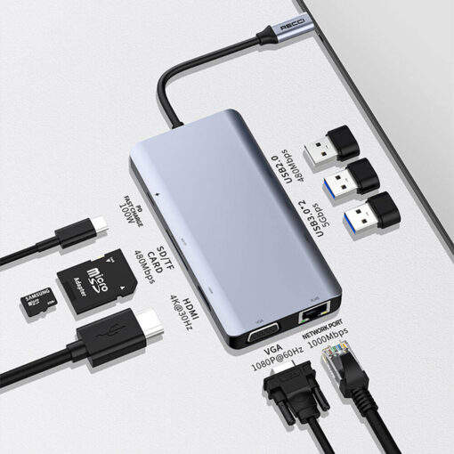 Recci RH09 Type-C to Type-C + SD/TF + USB3.0 + USB2.0 + HDMI + VGA + RJ45 Bağlantılı 9in1 Hub - Görsel 5