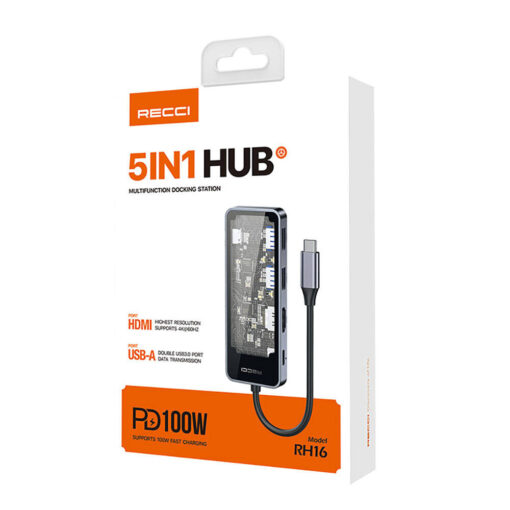 Recci RH16 Type-C to Type-C PD100W + USB3.0 + HDMI + Type-C Bağlantılı 5in1 Hub - Görsel 7