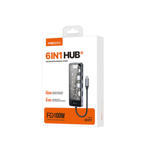 Recci RH17 Type-C to Type-C PD100W + USB3.0 + HDMI + Type-C + RJ45 Bağlantılı 6in1 Hub - Görsel 3