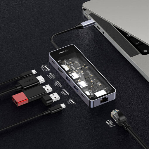 Recci RH17 Type-C to Type-C PD100W + USB3.0 + HDMI + Type-C + RJ45 Bağlantılı 6in1 Hub - Görsel 4