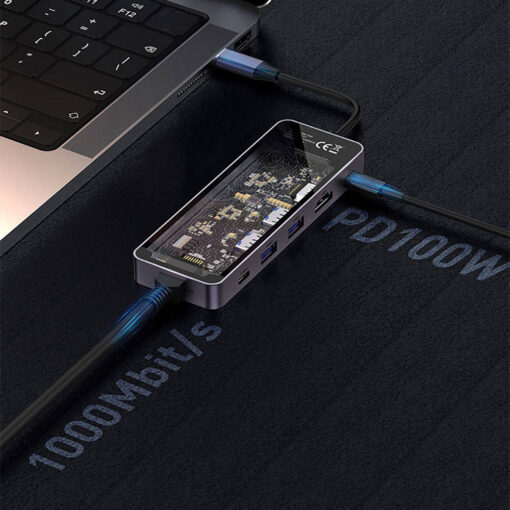 Recci RH17 Type-C to Type-C PD100W + USB3.0 + HDMI + Type-C + RJ45 Bağlantılı 6in1 Hub - Görsel 7
