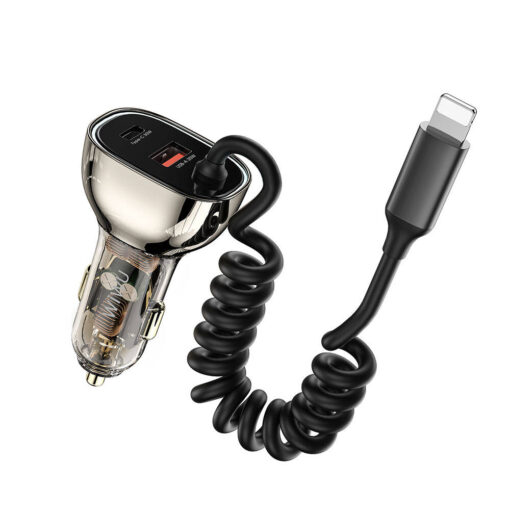 Geek Serisi Type-C + Lightning Kablolu + USB-A Hızlı Şarj Özellikli Transparan Tasarımlı Araç Şarj Aleti 90W