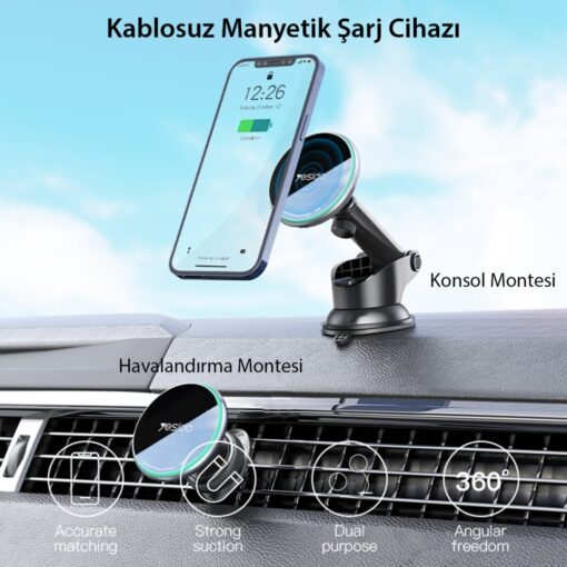Yesido C132 15W Kablosuz Şarjlı Mıknatıslı Yapışkanlı Ayarlanabilir Magsafe Araç Tutu - Görsel 5