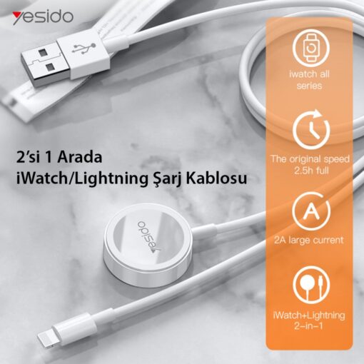 Yesido CA70 2in1 1.5M 2W Apple Watch Şarjı ve 2.4A Lightning Hızlı Şarj Kablosu - Görsel 2