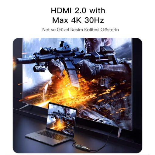 Yesido HB22 5in1 3 Adet Usb 3.0 / 1 Adet 100W Type-C ve 1 Adet 4K 30hz HDMI Çıkışlı Hub Dönüştürücü - Görsel 4