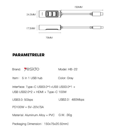Yesido HB22 5in1 3 Adet Usb 3.0 / 1 Adet 100W Type-C ve 1 Adet 4K 30hz HDMI Çıkışlı Hub Dönüştürücü - Görsel 3