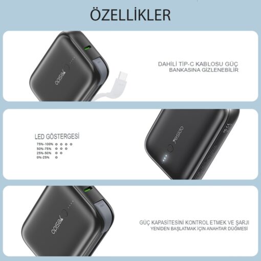 Yesido YP18 10.000 mAh USB3.0 PD Hızlı Şarj Powerbank - Görsel 5