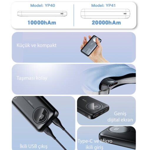 Yesido YP40 10.000 mAh Dijital Göstergeli USB3.0 PD Hızlı Şarj Powerbank - Görsel 9