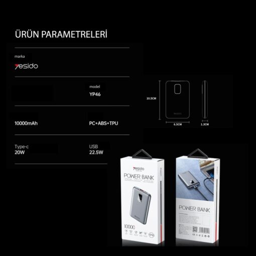 Yesido YP46 10.000 mAh 22.5W Dijital Göstergeli USB3.0 PD Hızlı Şarj Powerbank - Görsel 6