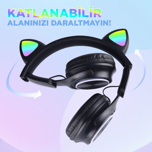 Zore M6 Pro Cat RGB Led Işıklı Kedi Kulağı Band Tasarımlı Ayarlanabilir ve Katlanabilir Kulak Üstü Bluetooth Kulaklık - Görsel 5