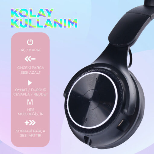 Zore M6 Pro Cat RGB Led Işıklı Kedi Kulağı Band Tasarımlı Ayarlanabilir ve Katlanabilir Kulak Üstü Bluetooth Kulaklık - Görsel 6