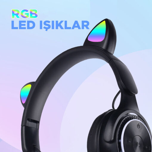 Zore M6 Pro Cat RGB Led Işıklı Kedi Kulağı Band Tasarımlı Ayarlanabilir ve Katlanabilir Kulak Üstü Bluetooth Kulaklık - Görsel 7