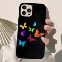 Renkli Kelebekler Baskılı Siyah Kaplamalı Silikon Telefon Kılıfı