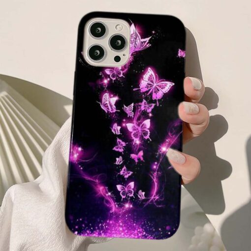 Lila Uçuşan Parıltılı Kelebekler Baskılı Silikon Telefon Kılıfı